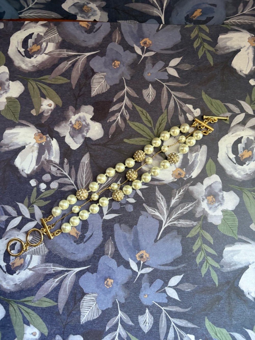 Gold and Pearl Multi-Strand Bracelet with Crystal Accent